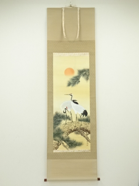 JAPANESE HANGING SCROLL / HAND PAINTED / CRANES WITH PINE TREE 